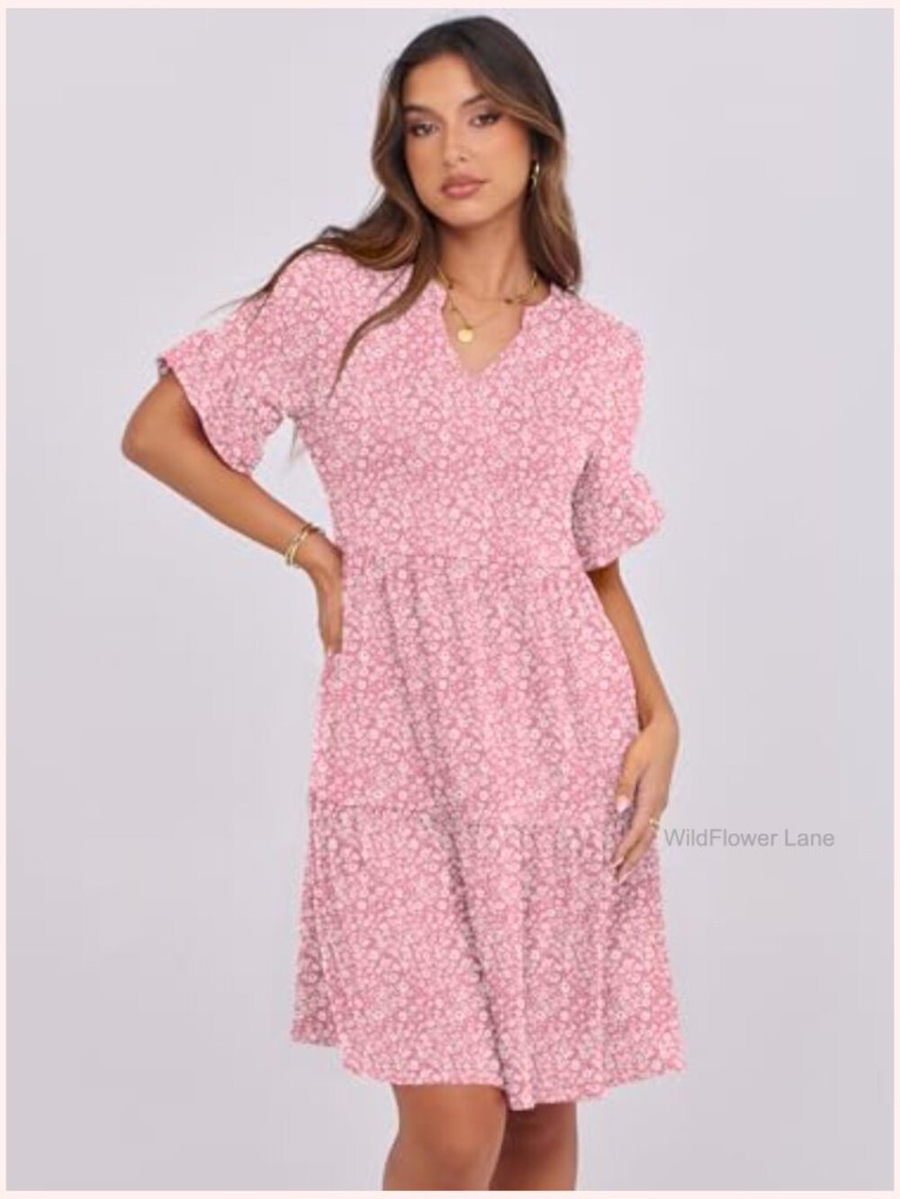 V-Neck Ruffle Sleeve Tiered Mini Dress with Pockets - Picture 4 of 7